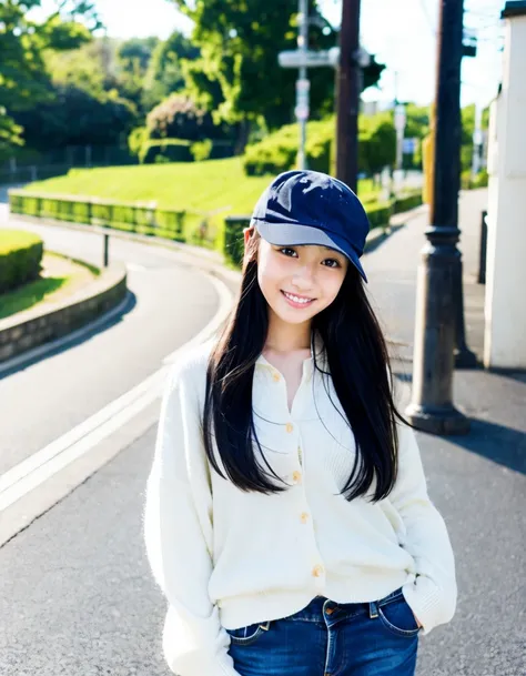 Japanese beautiful girl、14 years old、hatsuharu、white cardigan、Spinning、black hair、jeans、cap、happiness、kind、