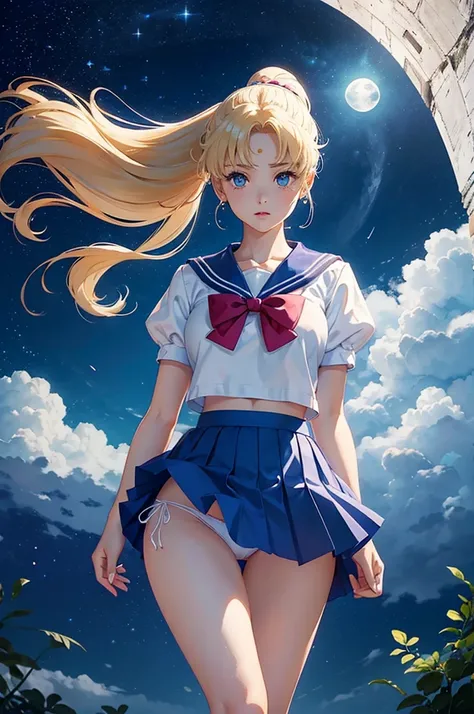 (super high quality) (written by hand) With Sailor Moon standing on a reflective surface、Bright white moon visible in the distant sky. her skirt is blue、The top is a white and blue high school girl&#39;s top.. her blonde hair is tied up in a very long pony...