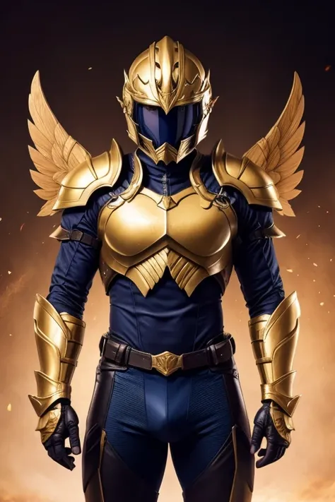 an extremely handsome young male, 18 years old, {{{lightly tanned skin with yellow eyes with athletic body}}}, {{{with golden armor}}}, {{{wings details on the helmet and the helmet and grip }}}