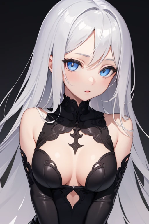 1girl, anime, cute girl, blank background, white background, fantasy, detailed dark fantasy dress with highlights, beautiful face, beautiful eyes, dark colors, silver hair, slightly small breasts, slight cleavage, beautiful skin, cute, breast curtains, ext...