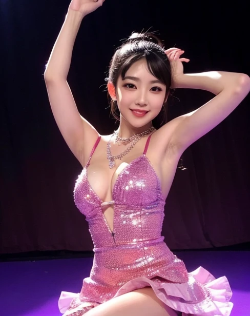 master piece、Ultra high resolution photo quality、cinematic camera work、Video of the entire stage、long shot、modern japanese strip theater、wide stage、wide seat、Mayu Minami、big droopy eyes、thick eyebrows、flushed cheeks、familiarity、very beautiful Japanese fema...