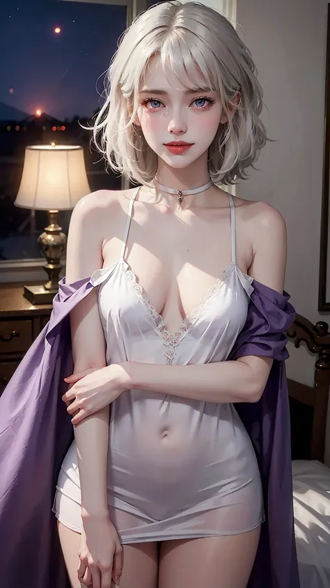 ((((masterpiece, best quality, high resolution)))), (1girl:1.5), ((short silky hair, white hair, purple eyes, sharp eyes, choker)), (medium breasts:1.2), blush, (cheeky smile, parted lips), glow, thighs, bare shoulders, collarbone, narrow waist, (slender b...