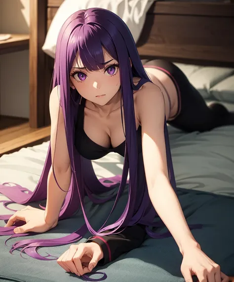 1girl, best quality, masterpiece, high resolution, solo, {criss-cross halter white:1.40}, {short criss-cross halter:1.20}, {medusa_fgo:1.15}, long_hair, purple_hair, very_long_hair, purple_eyes, breasts, big_breasts, crawling, on all fours, bed