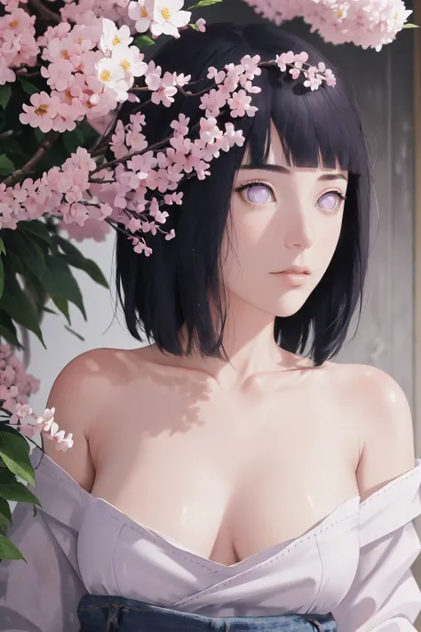 {-erro_de_anatomia:1.0}(Masterpiece - Ultra-Detailed, High Resolution) Masterpiece, absurderes, Hinata(Boruto), 1girll, Solo,Mature female, Off-the-shoulder lace shirt, When looking at the camera, Perfect composition, Detailed lips, big breast, Beautiful f...