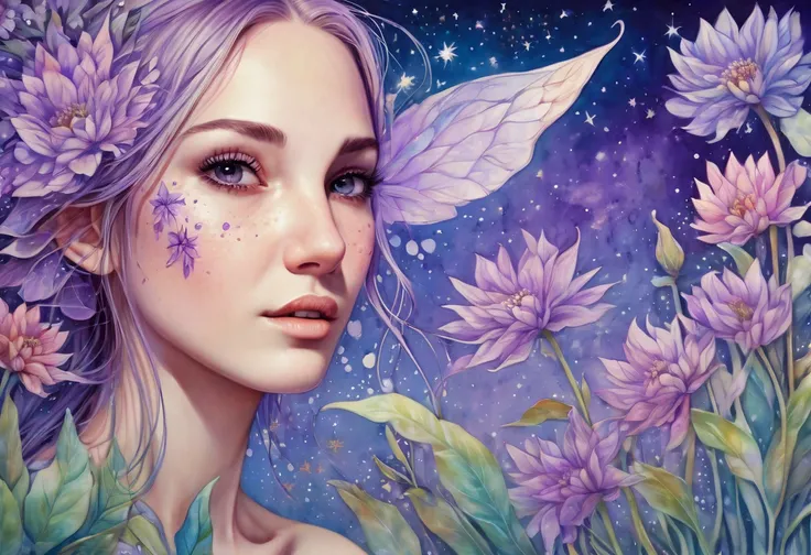 Watercolor Flowers , portraits, fantasy art, detailed features, vibrant colors, detailed  features, long flowers, subtle magical lighting, three side view, 1 side potrait,2 side close, 3 side in the batlle, photo collage, soft purple, film grain, detailed ...