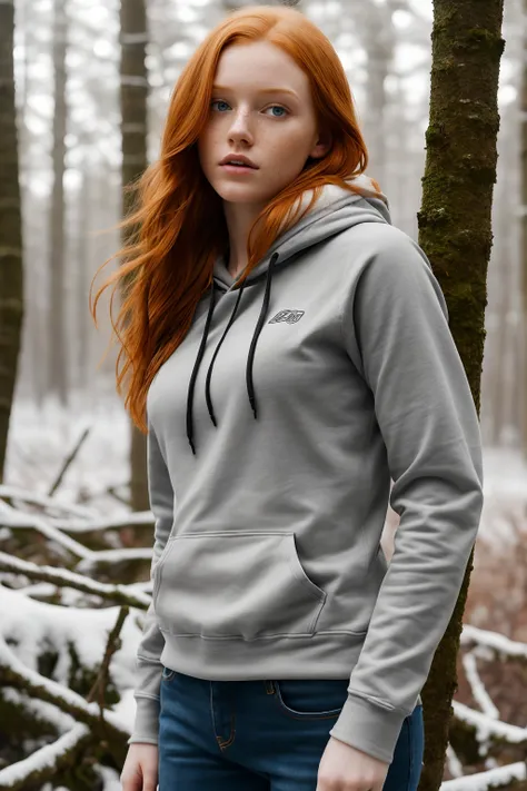 (1girl in, age22, Solo, Aesthetic artwork, irish redhead, straight ginger hair, shoulder length ginger hair, light grey eyes, some small freckles, large breasts, very muscular body, imperfect skin, little abs, wearing hoodie, wearing jeans, empty forest, e...