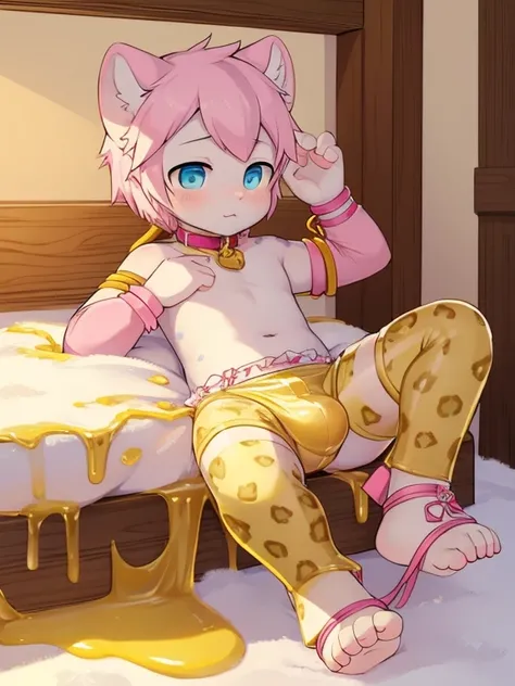 Golden slime rope wrapped around snow leopard cub&#39;s toes，Wear diapers，Pink ankle ring，Pink bracelet，pink collar