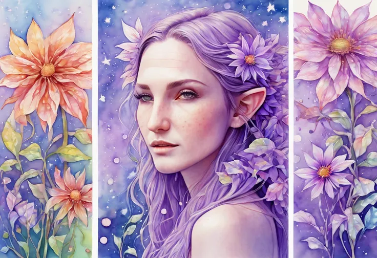 Marija. Watercolor Flowers , portraits, fantasy art, detailed features, vibrant colors, detailed  features, long flowers, subtle magical lighting, three side view, 1 side potrait,2 side close, 3 side in the batlle, photo collage, soft purple, film grain, d...