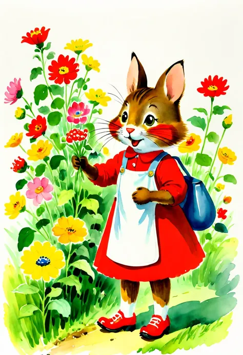 Watercolor art, Flowers, by Richard Scarry, 1girl, (best quality, masterpiece, Representative work, official art, Professional, 8k:1.3)