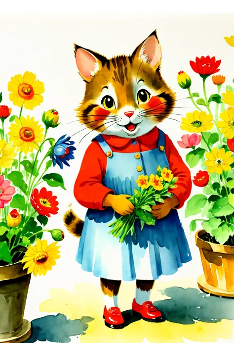 Watercolor art, Flowers, by Richard Scarry, 1girl, (best quality, masterpiece, Representative work, official art, Professional, 8k:1.3)