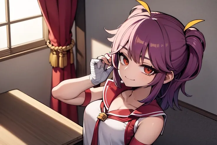 Obra maestra, la mejor calidad, manos bien detalladas, Imagen 4k,HD,anime style of a girl with purple hair and very short, she has a miko outfit, she wears a very tight schoolgirl uniform and her arms are wrapped in bandages, she is in a classroom and smil...