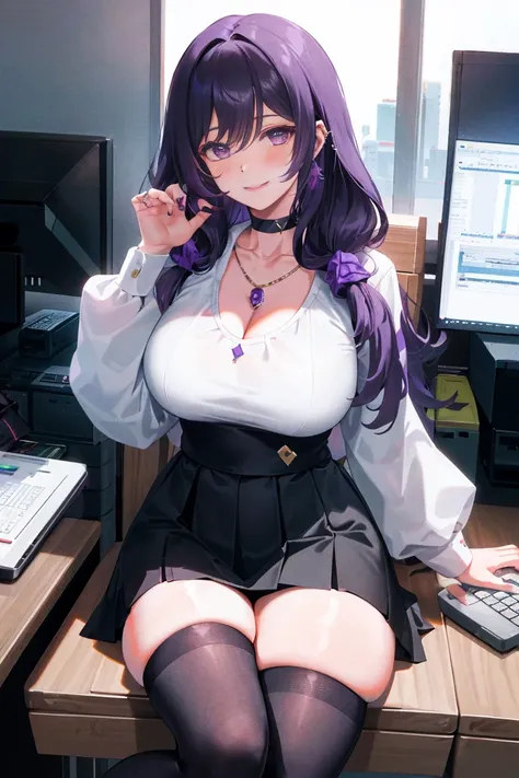 Keqing, genshin impact, 1 girl, alone, ((white shirt)), black Thighhighs, huge breasts, cleavage, uniform, office background, black skirt, pleated skirt, office, hair between eyes, messy hair, large chest, long hair, looking at the viewer, purple hair, cho...