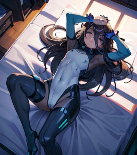 table top, highest quality,sleeping face up in bed，Crab crotch，please show me your boots，thigh high boots，glove，Strange thieves，elegant, 1 girl, muscular，cute, blushed, looking at the viewer, from below,body suit, prison，blue eyes, beautiful eyes, beautifu...