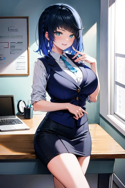 ((masterpiece, highest quality)), (1 girl),((mature woman)), blue hair, ((office lady )),bangs,middle chest,(Big breasts),slim,smile, [wide hips],office, Work on the computer,thick thighs,sexy