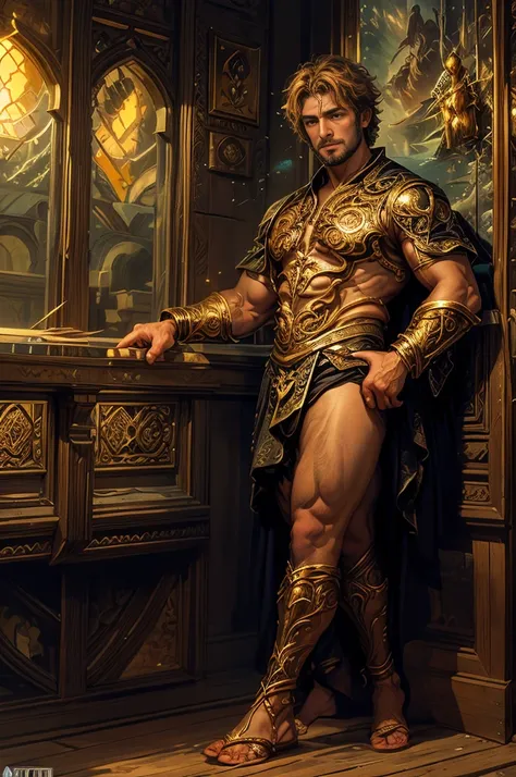 um retrato de(( um homem )) com barba, ((pernas musculosas)), ((peitoral forte e largo))in high definition, em 8K de ((um homem)) de 18 anos, (( Homem)), Deus do Mar, Deus do Oceano, Luthien, arte de deus, Deus da mitologia grega, Deus da Lua, Deus do amor...