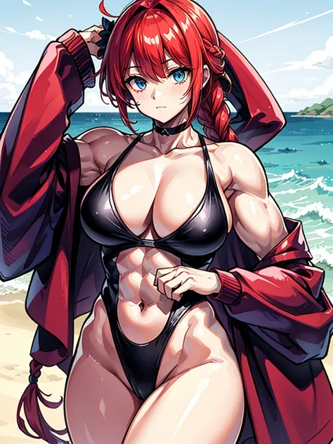 （（（masterpiece、Highest image quality、highest quality、highly detailed unity 8ｋwallpaper）））、（（Illustration of one girl））、（（（beautiful girl）））、（（red hair、Braid、sidelocks：1.4、blue eyes））、（（（stocky build：1.5, thickset physique：1.6, muscular legs, broad shoulder...