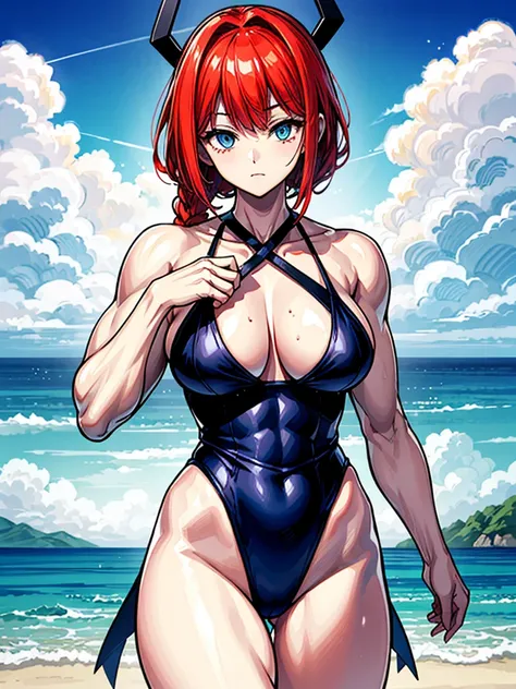 （（（masterpiece、Highest image quality、highest quality、highly detailed unity 8ｋwallpaper）））、（（Illustration of one girl））、（（（beautiful girl）））、（（red hair、Braid、sidelocks：1.4、blue eyes））、（（（stocky build：1.5, thickset physique：1.6, muscular legs, broad shoulder...