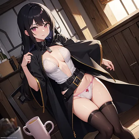 (((1 Woman with a belt with a sword and a mug on her back, with a mini blouse with a zipper, with white panties)),((black hair)),((pink eyes)), bare and protruding breasts and very small, standing with my hand up, in a medieval room, during the day