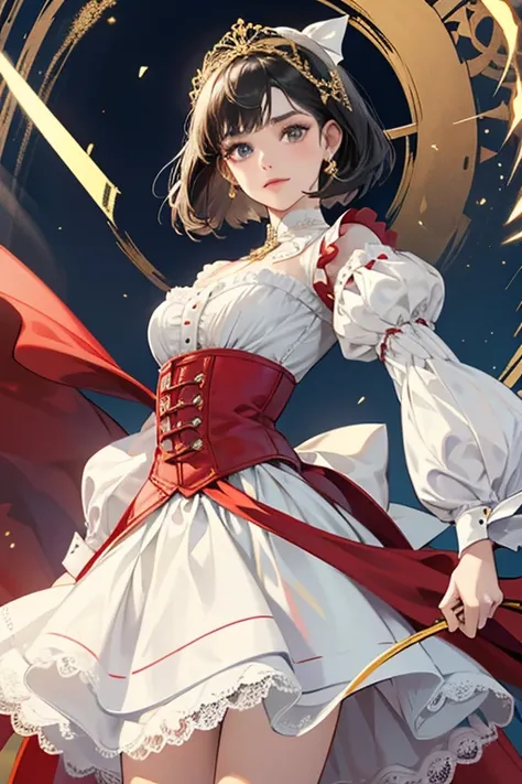 Snow Whites short black hair is styled in a bob and parted in the middle. She wear a dress consists of a navy blue bodice with gold piping down the center and along the waistline, a high white collar, pale yellow skirt and white, lace-edged petticoat that ...