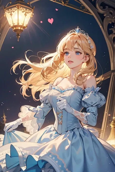  Cinderellas hair is a beautiful strawberry-blonde and medium-length with soft bangs. Her skin is fair and flawless, and she has pink lips, and blue eyes. Her dress is a sparkling light cornflower bluish-gray ball gown with a low-cut neckline, pale cornflo...