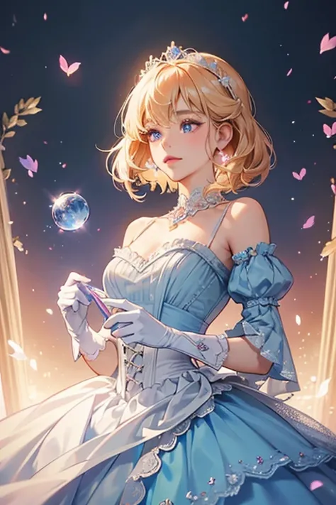  Cinderellas hair is a beautiful strawberry-blonde and medium-length with soft bangs. Her skin is fair and flawless, and she has pink lips, and blue eyes. Her dress is a sparkling light cornflower bluish-gray ball gown with a low-cut neckline, pale cornflo...