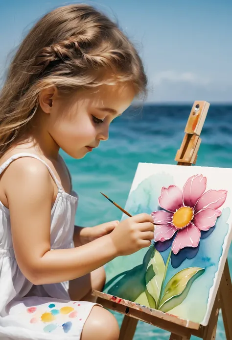 cute little girl painting a flower , watercolor, inside canvas, side of the sea