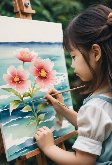 cute little japanese girl painting a flower , watercolor, inside canvas, side of the sea, from behind