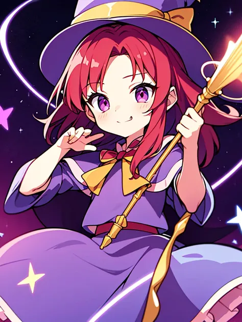 masterpiece, best quality, a cartoon image of a girl with red hair holding a wand and a witch hat, 1girl, solo, little girl, child, 10 years old, hat, purple hat, witch hat, hat ribbon, short red hair, (short hair), forehead visible bangs, hair flaps, well...