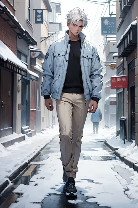 ((Best quality)), ((masterpiece)), top quality), standing alone, White hair, beige pants, light blue jacket, street wear, snow in background, male