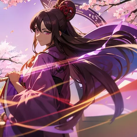 Brown hair, Purple eyes,long Purple Kimono,HandFan,Long hairstyle straight,socks,platform shoes,close up face view,Blossom trees,Waving,dark skin tone color,looking back