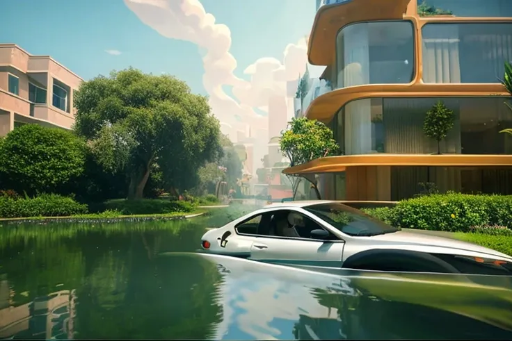 The world of the near future, the house is floating in the air, car floating in the air, Zootopia-like animals live like humans, Wide world, clean plants and water, 