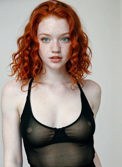 Redhead girl, green eyes, red curly hair, black tank top, freckles in face, freckles in body, f cup breasts, pale white skin