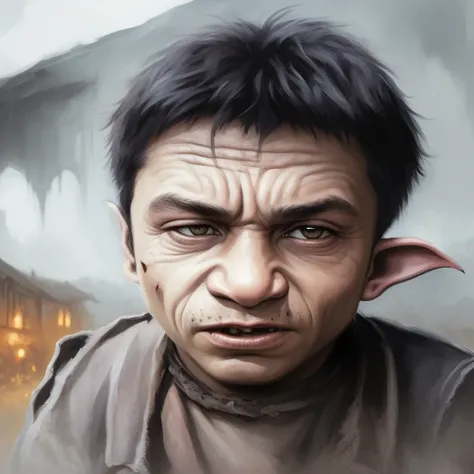 an ugly goblin,medium:illustration,detailed facial features,fierce expression,pointed ears and sharp teeth,hunched posture,dark and rugged skin,dirty and torn attire,dark and gloomy atmosphere,harsh lighting,realistic colors