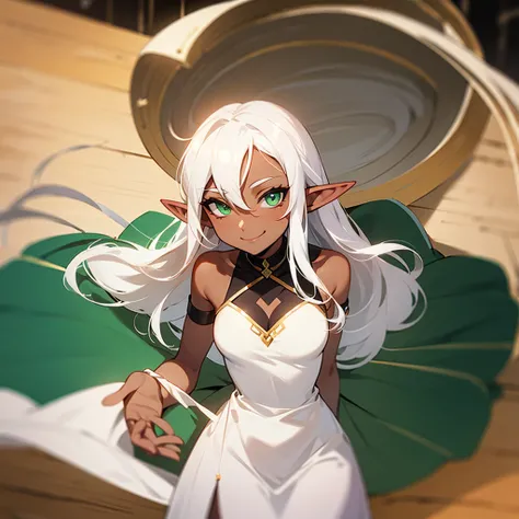 (((Elf Woman Dark skin))),(((white hair))),(((green eyes))), (body with light and proportional curves),(((wearing a pretty dress))),(((sweet smile))