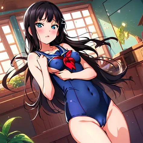 best quality, very aesthetic, Super detailed, best illustration, Dark blue one piece school swimsuit, nsfｗ, pussy focus, 1girl, おっぱい, aroused, sex, black_hair