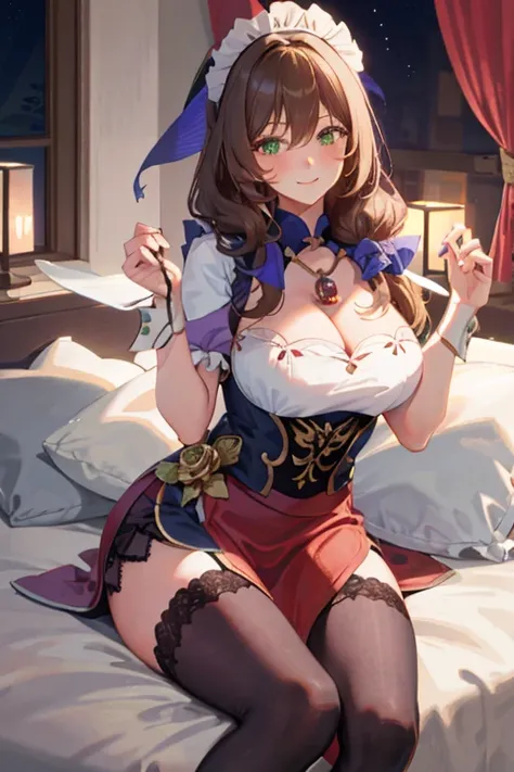 Lisa, genshin impact, 1 girl, alone, huge breasts, cleavage, hair between eyes, messy hair, large chest, long hair, looking at the viewer, brown hair, red short nails, green eyes, alone, thick thighs, maid dress, maidフク, maid, skirt, stockings, ribbon, mai...