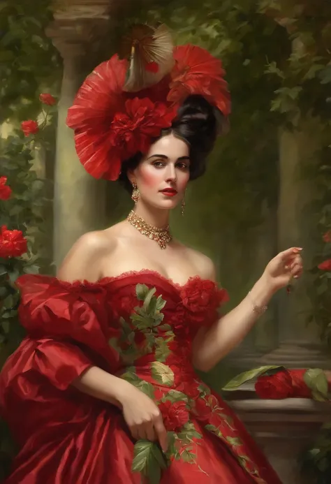 Painting of an exuberant woman in a ((red wedding dress in the Victorian era)), ((holding a red Spanish fan)), woman with a Spanish bun, in Spain, fine and delicate features, black hair, ((green eyes) ), delicate and sexy mouth, full body, in a garden with...