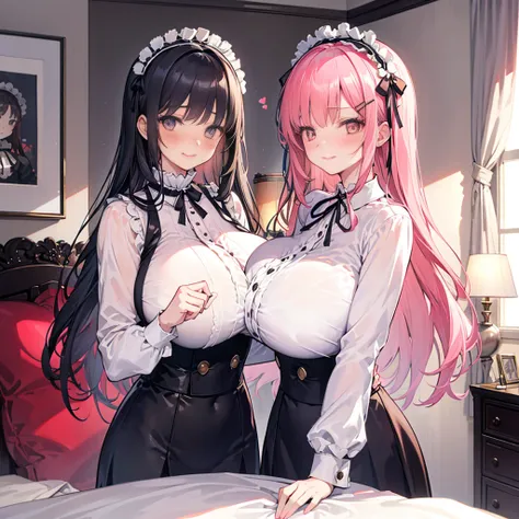 perfect human body，2 women，sisterature and intellectual woman， (Very detailed background，bedroom), ，long hair，hair accessories，huge tits，translucent，victorian style shirt，sharp eyes，Smile，(blush:1.2),