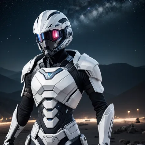 exoskeloton body armor bone style with helmet, white platinum shining, biotic super HD , organic material, landscape backgound starry night