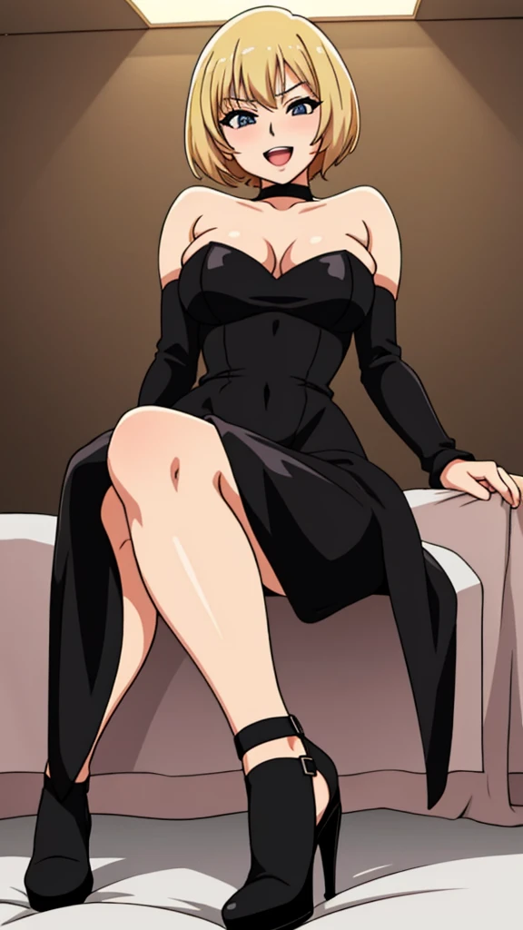 Young woman 18 years: 1.3, Short blonde hair: 1.2, Tall: 1.2, Occupation: 1.2, Nighttime: 1.2, Bedroom: 1.2, Film lighting, Sitting Pose, Best quality, 8k, short black dress, strapless black dress, bare shoulders, bare arms, large breasts ((anime strokes))...