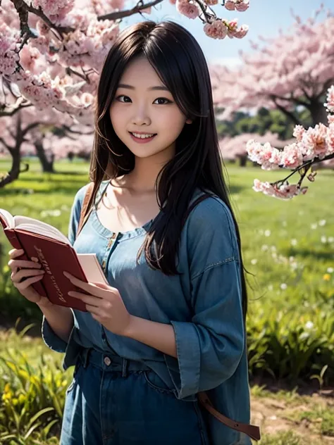 The hills in the distance are full of peach blossoms，a girl，20 years old，green fieldedium shot，Smile，Look at the reader，extra long hair