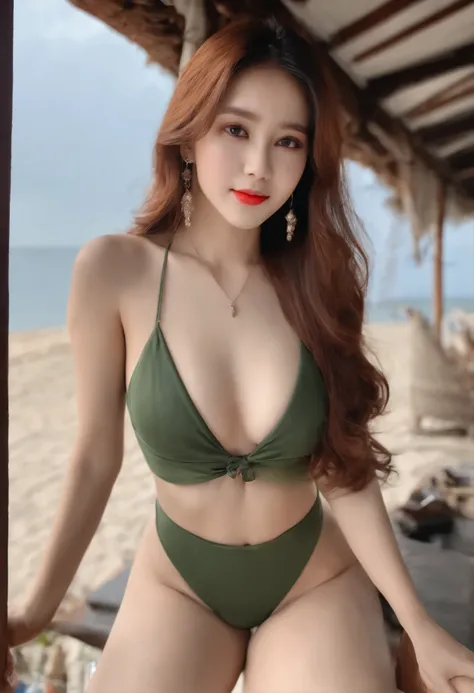 (8K, Raw photo, Best Quality, masutepiece:1.2), Ultra-detailed, Perfect Detail , view the viewer, make up, Seductive, Shameful face, (年轻:1.2),((20yr old)), Beautiful face, Beautiful eyes, (((Perfect female body, Narrow waist))), Red hair, Asian Look, an ho...