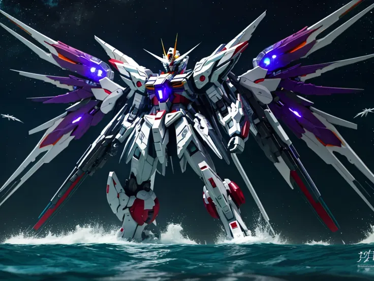 New launch century Gundam X、big moon、lake surface、standing in water、floating、Satellite Cannon、Beautiful scenery、high resolution、Beautiful night sky、Multicolored light、Clean light、large on the back４Feathers、water surface、standing on tiptoe、carrying a large ...