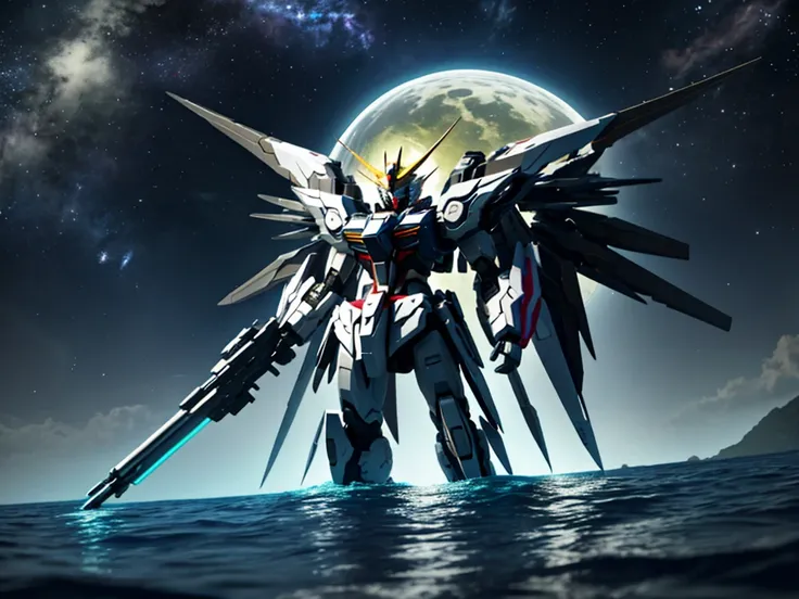 New launch century Gundam X、big moon、lake surface、standing in water、floating、Satellite Cannon、Beautiful scenery、high resolution、Beautiful night sky、Multicolored light、Clean light、large on the back４Feathers、water surface、standing on tiptoe、carrying a large ...