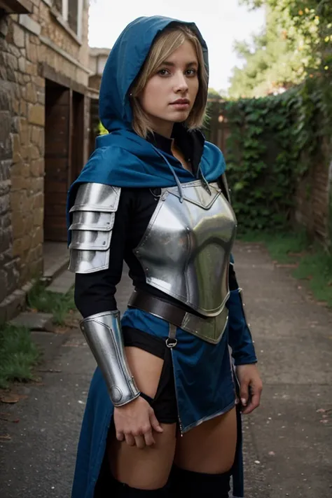 WARRIOR, FEMALE, BLOND HAIR, SHORT HAIR, BLUE ARMOR, BLUE HOOD