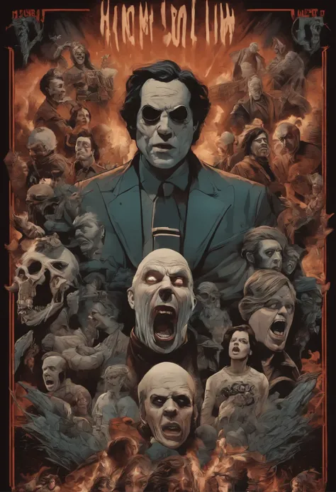 close-up of a poster with a bunch of people, anger. hyper detailed, a disembodied head screaming, detailed 4k horror artwork, Transmetropolitan, 1 movie cover 3 ghosts, scary detailed color graphics, according to Jodorowsky, Insanely detailed, Abstract hor...