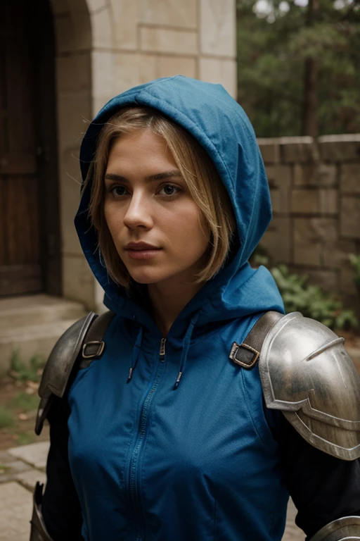 WARRIOR, FEMALE, BLOND HAIR, SHORT HAIR, BLUE ARMOR, BLUE HOOD