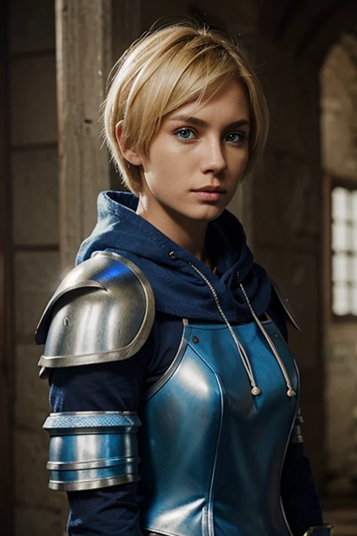 WARRIOR, FEMALE, BLOND HAIR, SHORT HAIR, BLUE ARMOR, BLUE HOOD