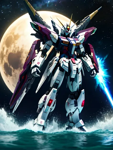 New launch century Gundam X、big moon、lake surface、Floating on the water、standing on tiptoe、Satellite Cannon、Beautiful scenery、high resolution、Beautiful night sky、Multicolored light、Clean light、large on the back４Feathers、water surface、standing on tiptoe、Car...