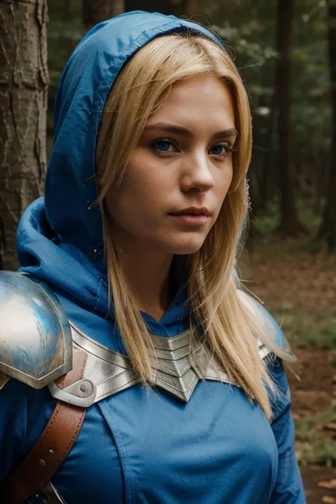 WARRIOR, FEMALE, BLOND HAIR, BLUE ARMOR, BLUE HOOD